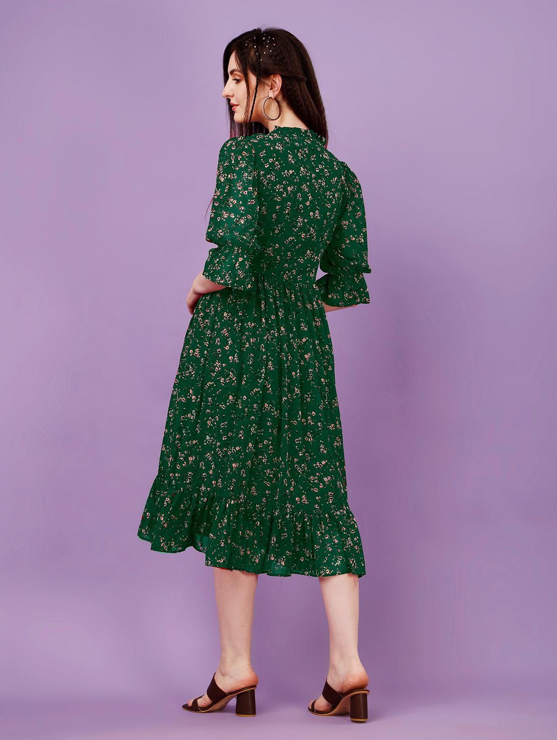 women bottle green floral printed fit & flare dress - 21020265 - Standard Image - 3