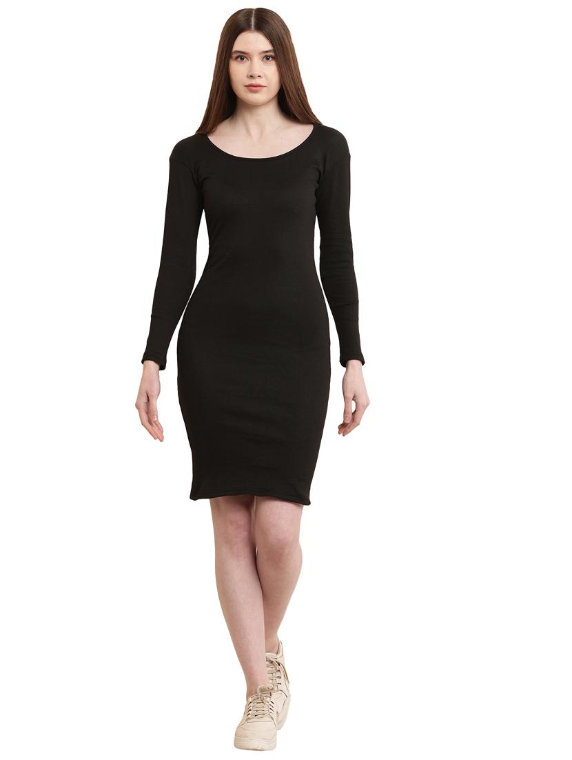 women round neck solid bodycon dress