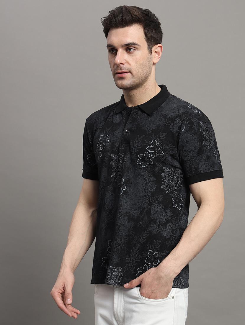 men floral printed cotton polo t-shirt