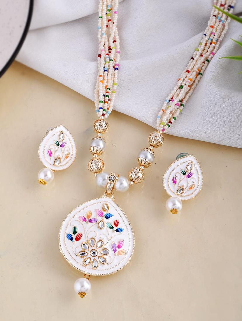 white pearl and kundan hand painted necklace with earrings jewellery set - 21048009 -  Standard Image - 0