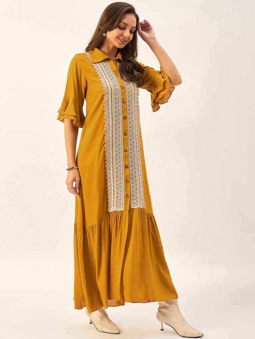women mustard self design detailed dress - 21073332 - Standard Image - 3