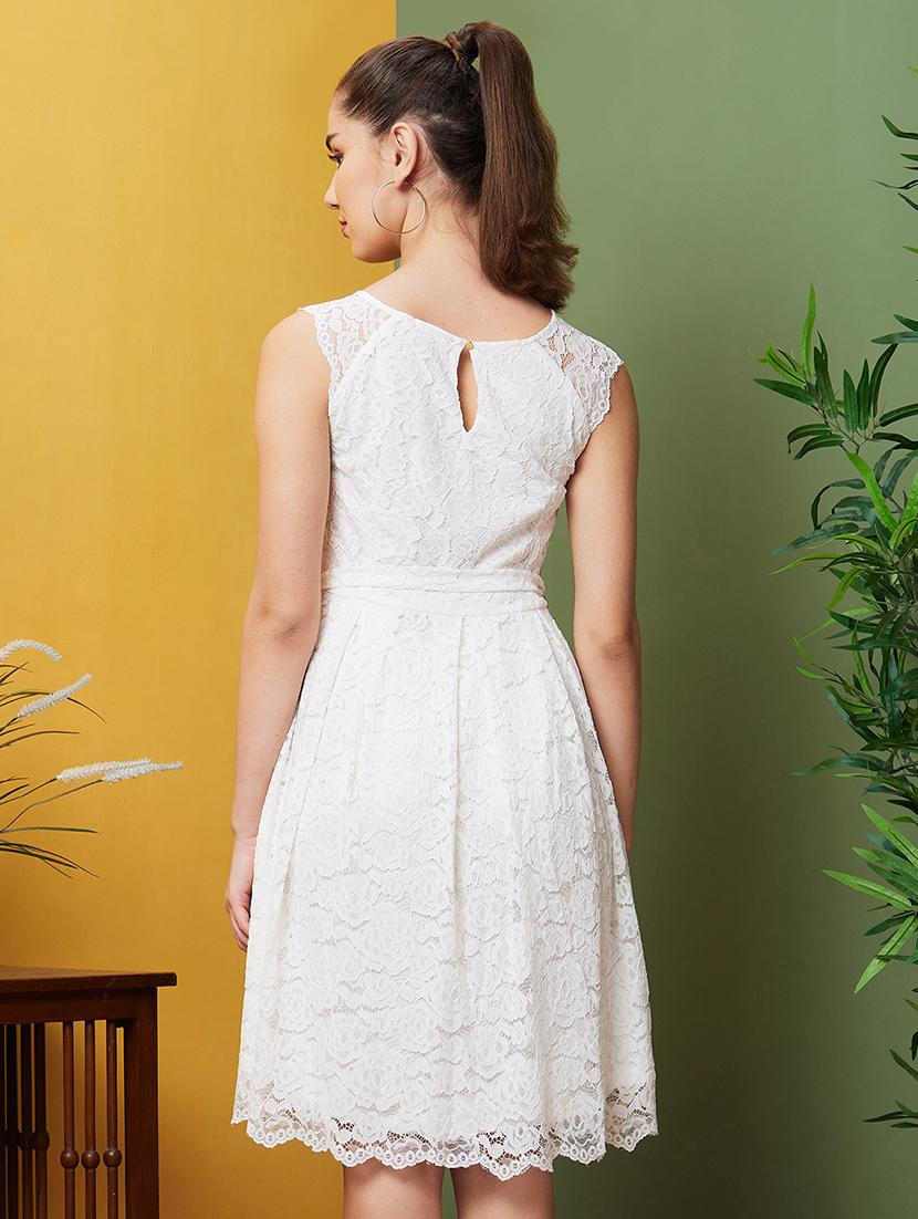 globus women white floral lace pleated belted fit & flare party dress - 21082056 - Standard Image - 2