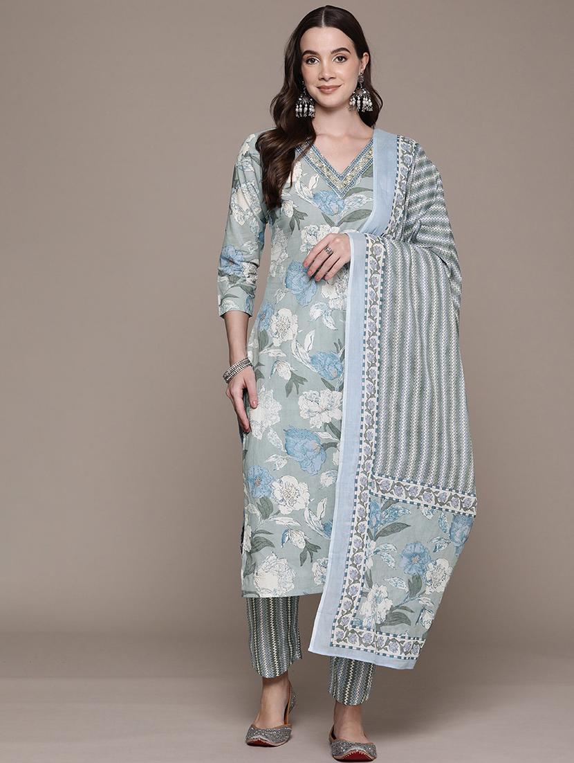 women three quarter sleeve kurta pant with dupatta set