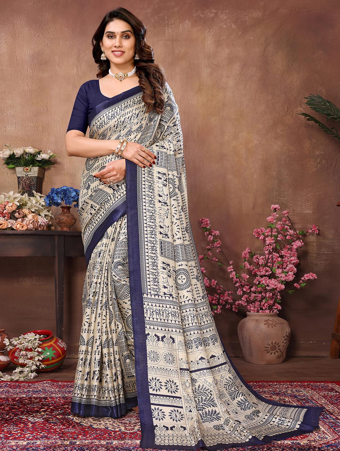 women navy blue ajrakh printed saree with blouse