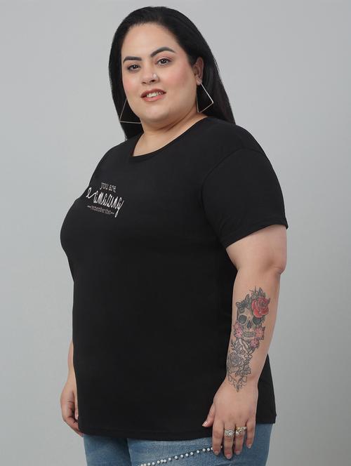 women black chest printed plus size t-shirt - 21102948 - Very Small Image - 1
