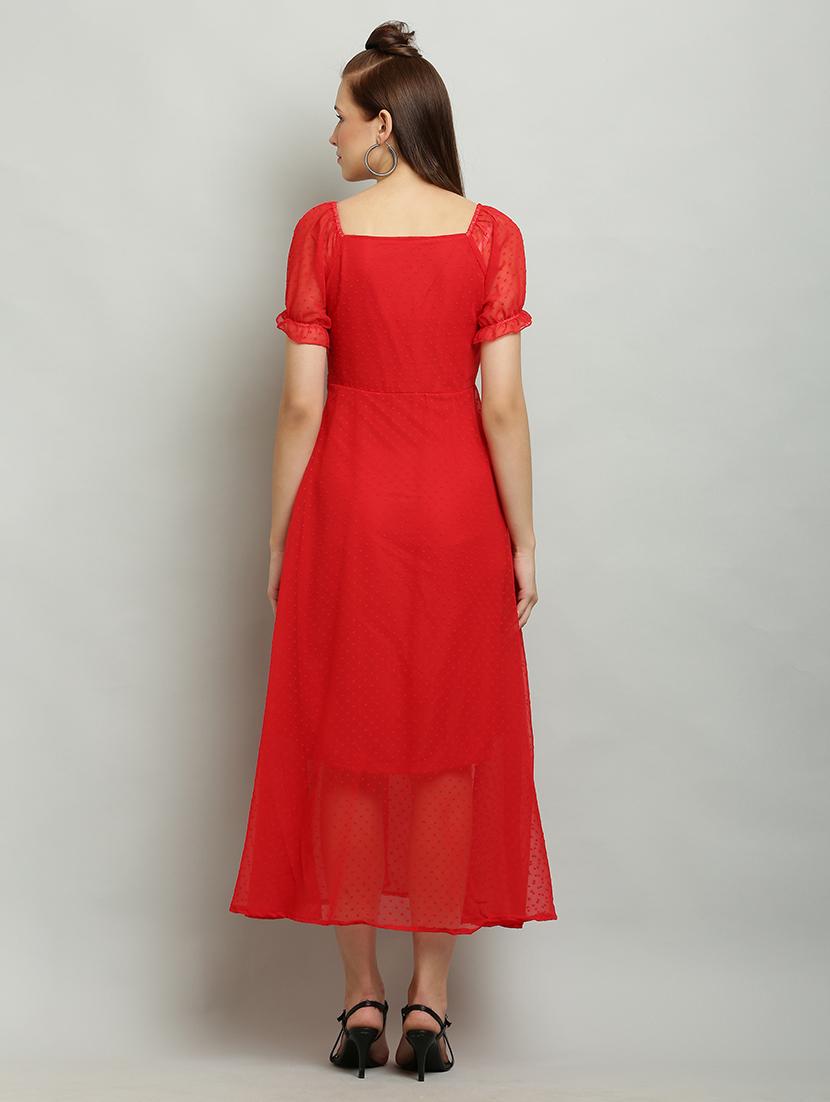 women solid puff sleeves a-line dress - 21130190 - Standard Image - 4
