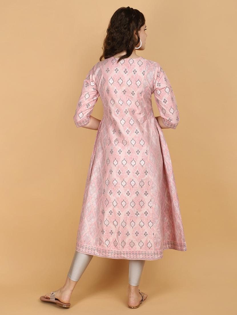 wome pink printed three quarter sleeve a-line kurta - 21131176 - Standard Image - 3