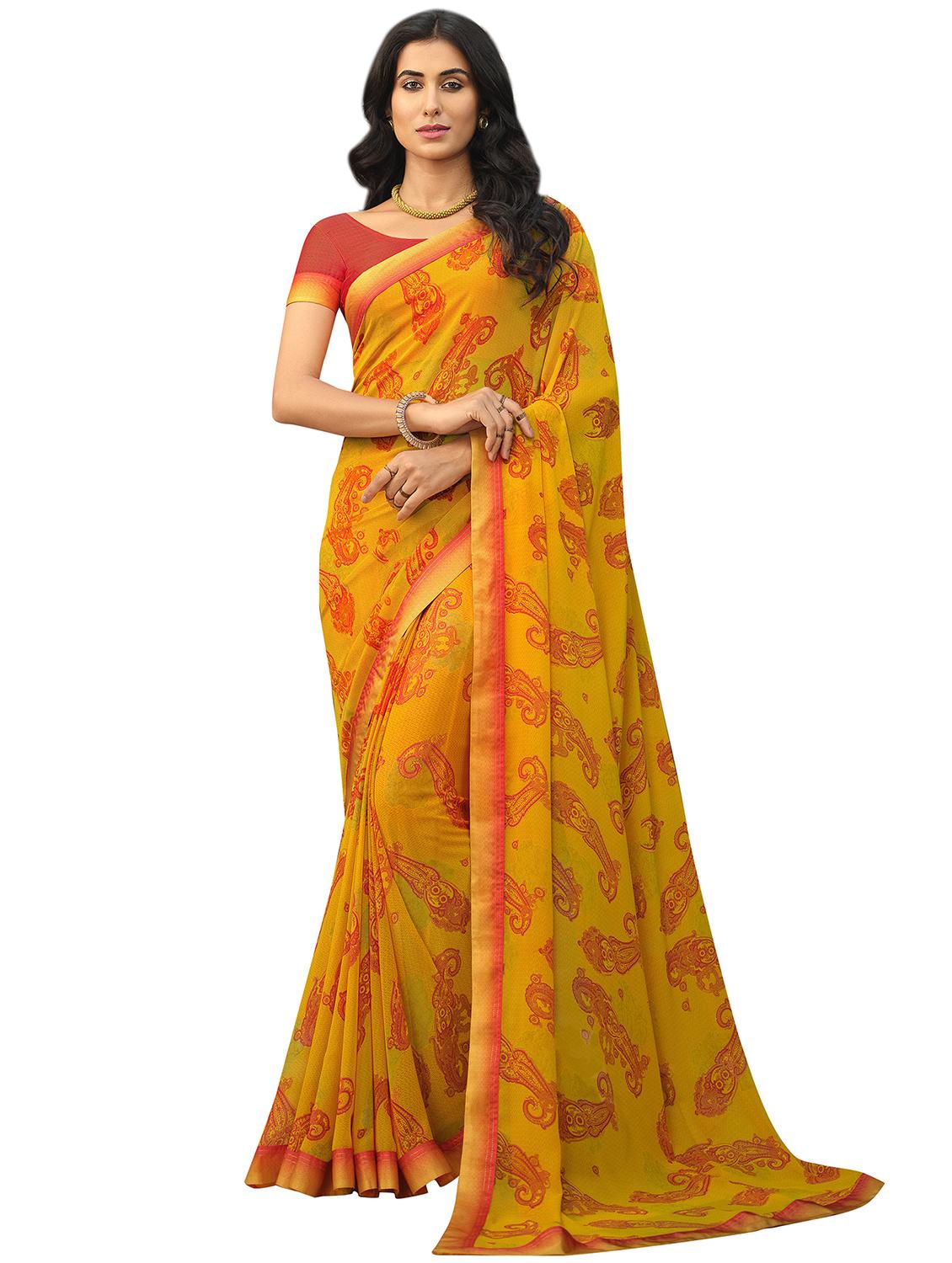 women yellow paisley printed saree