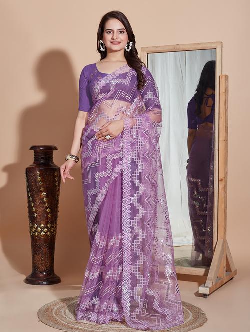 lavender net embroidered saree with blouse - 21139751 - Very Small Image - 1