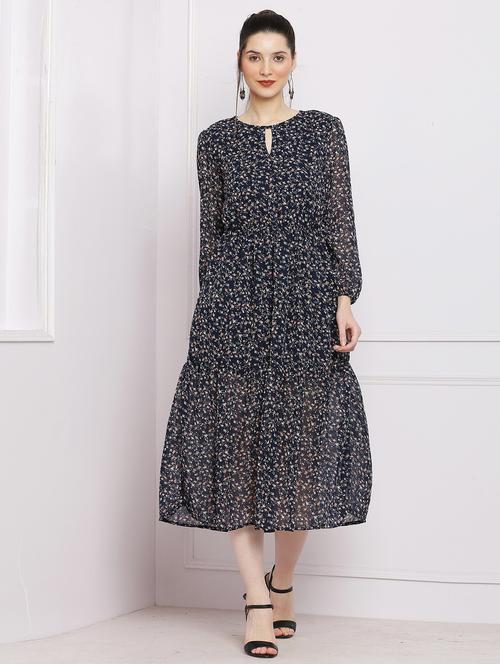 navy blue floral printed tiered dress - 21145135 - Very Small Image - 1