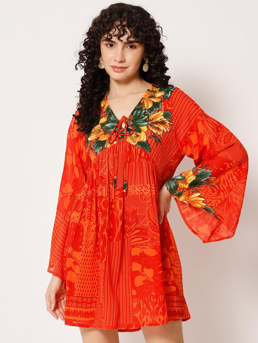 orange rayon a-line dress