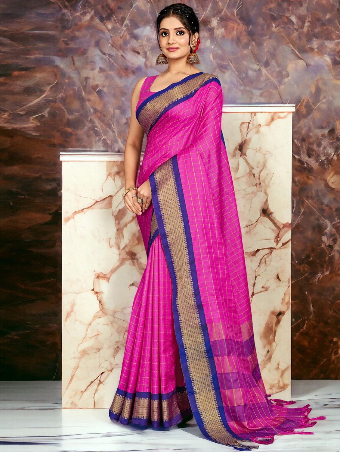 women checkered handloom saree with blouse - 21217732 -  Zoom Image - 0