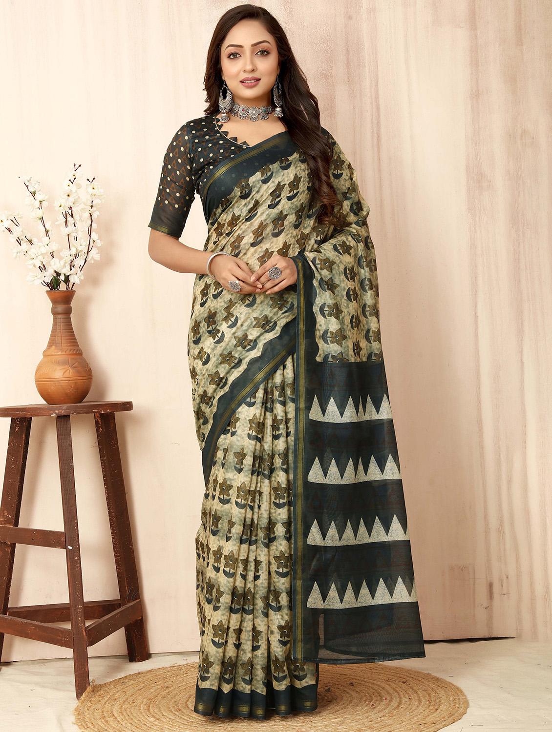 beige floral print saree with blouse - 21218093 - Zoom Image - 0
