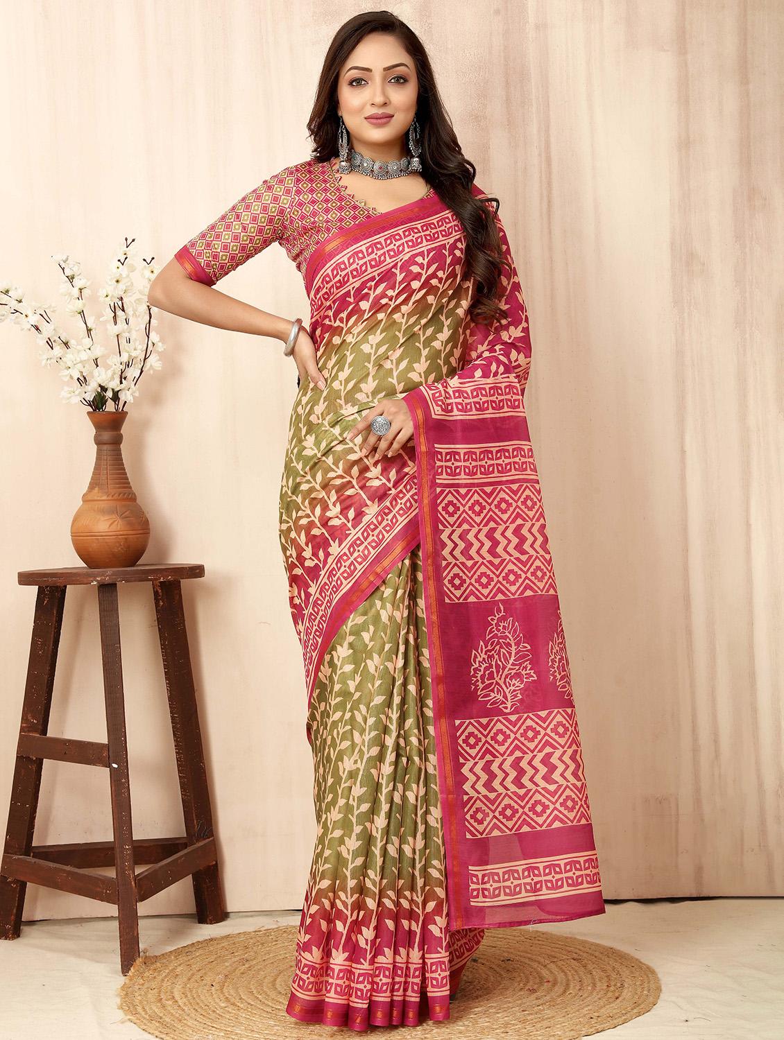 green printed saree with blouse