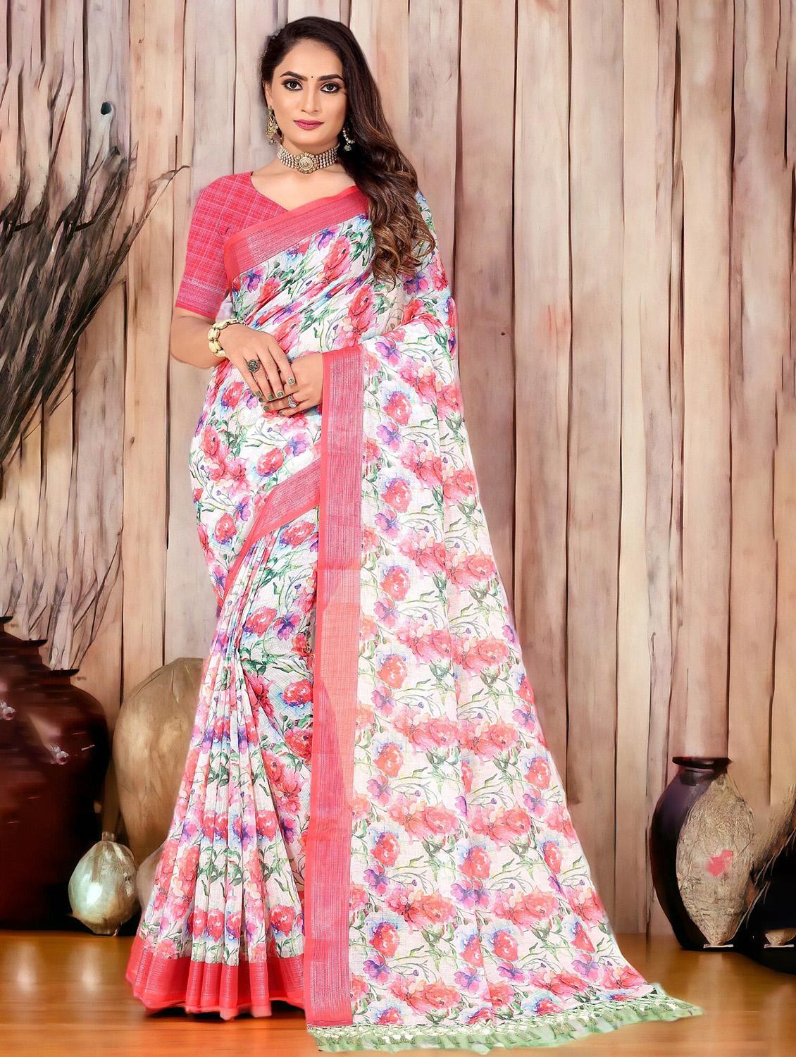 white floral printed saree with blouse - 21219265 - Zoom Image - 0
