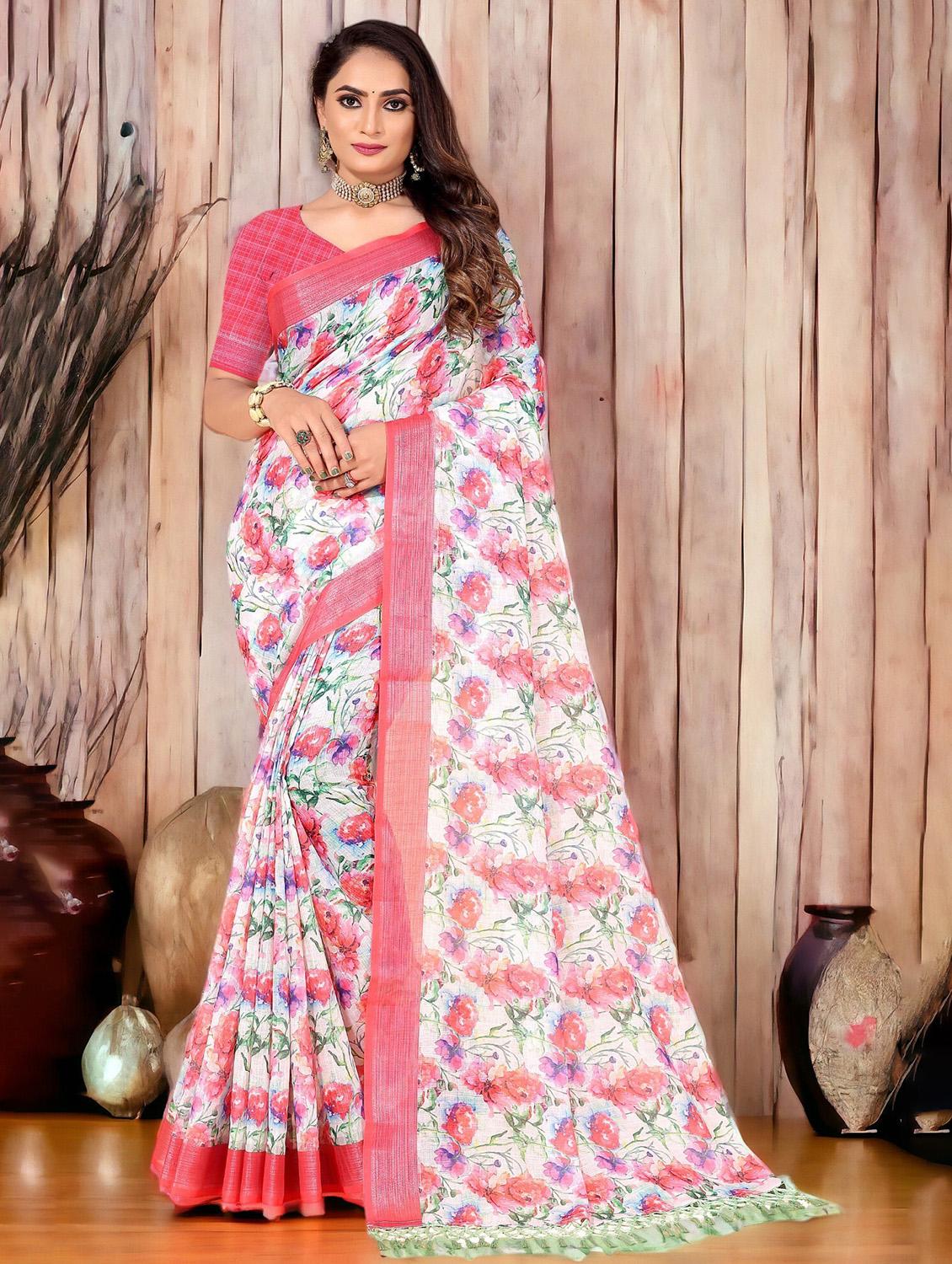 white floral printed saree