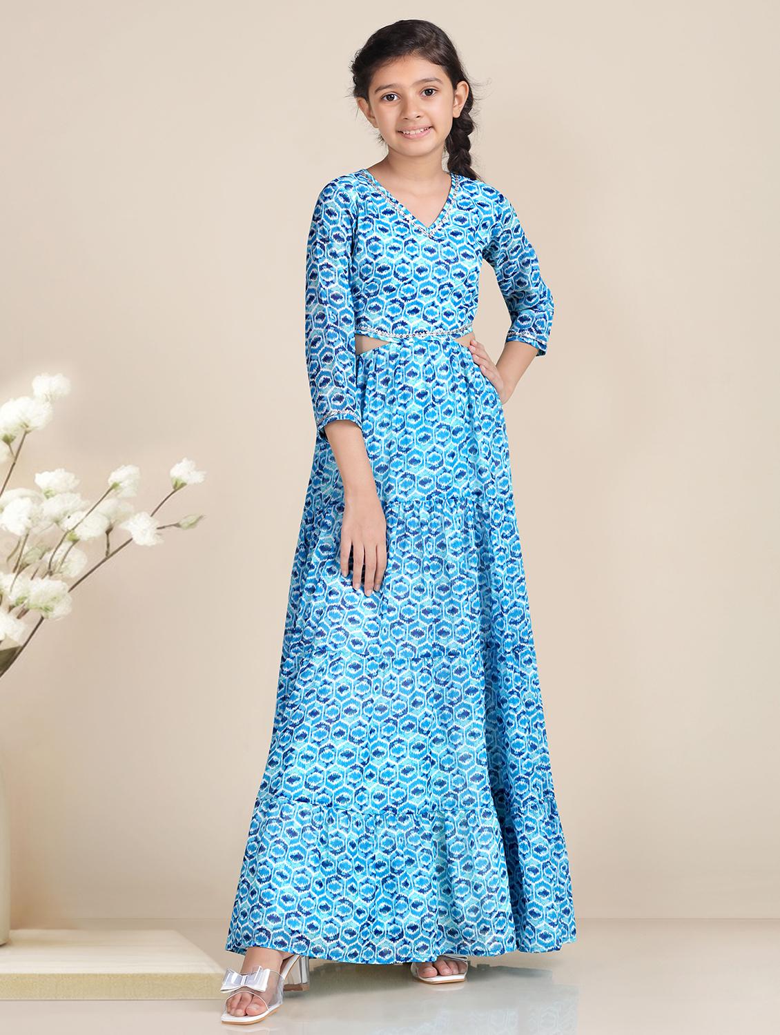 girls v- neck printed party gown