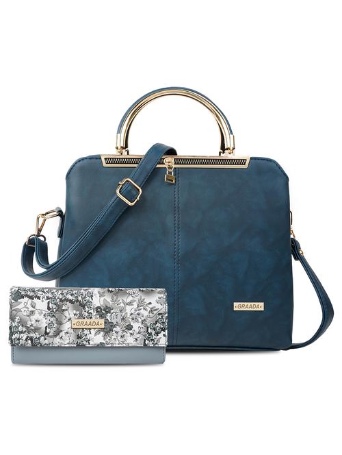 blue leatherette (pu) combo handbag - 21248615 - Very Small Image - 1