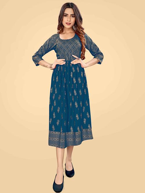 women round neck foil printed a-line ethnic dress - 21252317 - Standard Image - 0