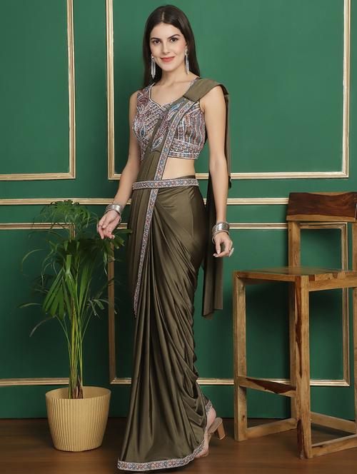women olive solid ready to wear saree - 21259405 - Very Small Image - 1