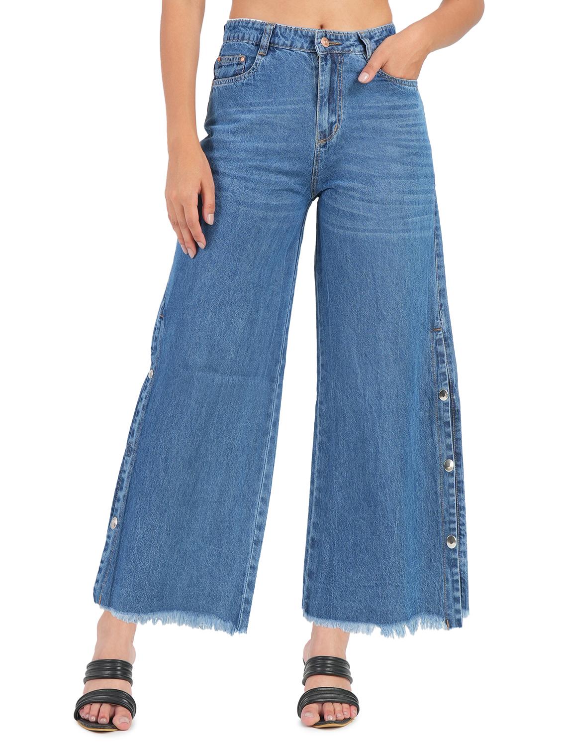 women solid high rise wide leg jean