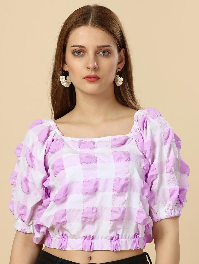 women checkered puff sleeves crop top - 21277540 -  Zoom Image - 0