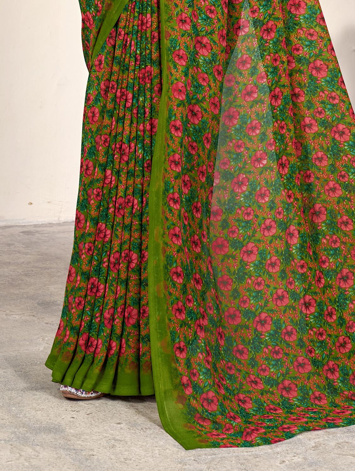 green georgette printed saree with blouse - 21278058 - Standard Image - 3