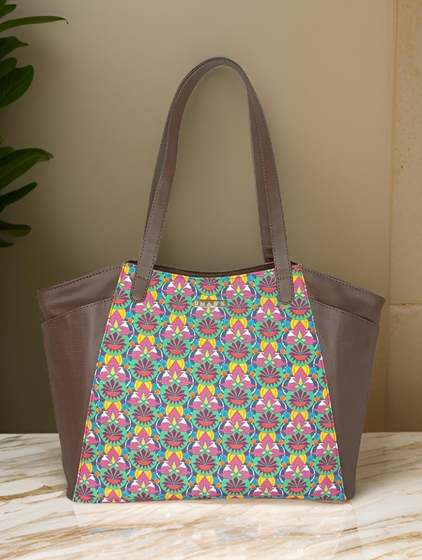 brown printed leatherette regular tote bag