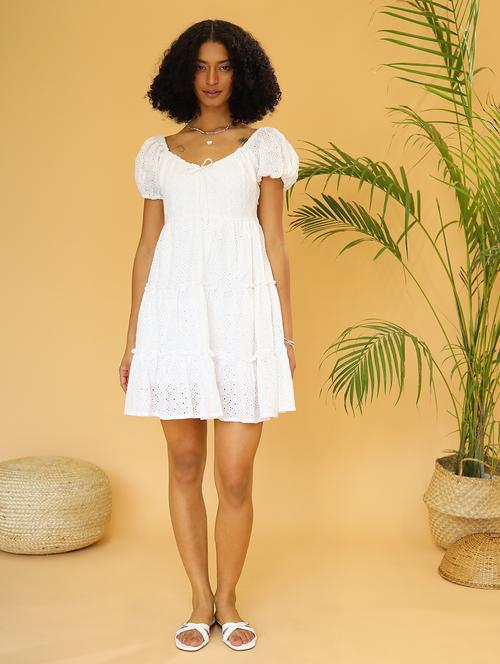 women puff sleeves tiered schiffli dress - 21295439 - Standard Image - 0