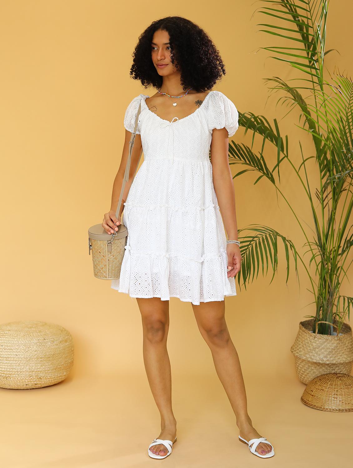 women puff sleeves tiered schiffli dress - 21295439 - Standard Image - 3