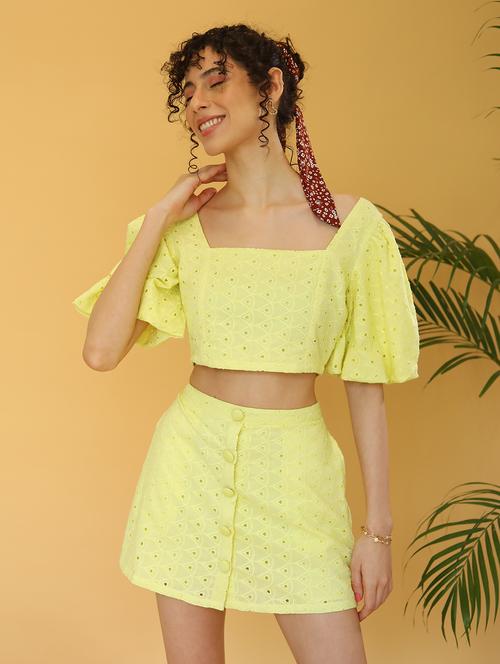 women yellow schiffli top and short co-ord set - 21295513 -  Standard Image - 0