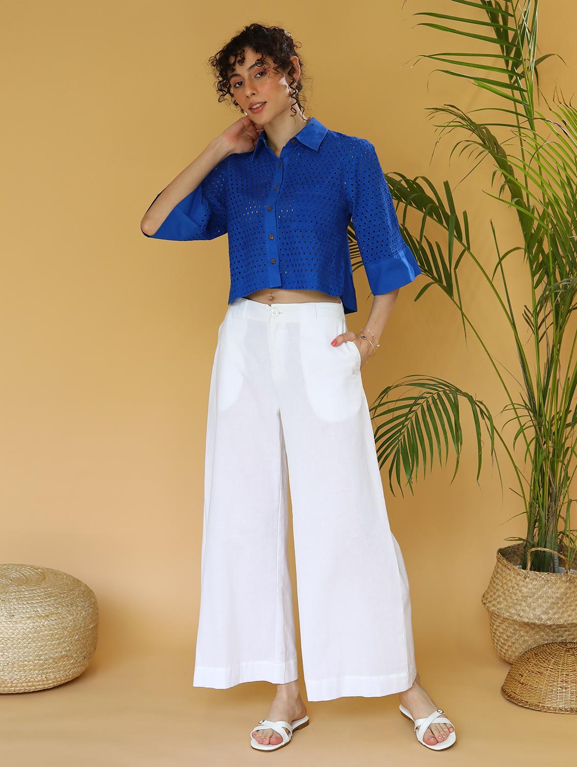 women schiffli collared crop boxy shirt - 21295827 - Standard Image - 3