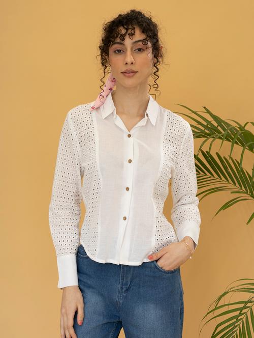 women optic white schiffli regular shirt - 21295828 -  Standard Image - 0