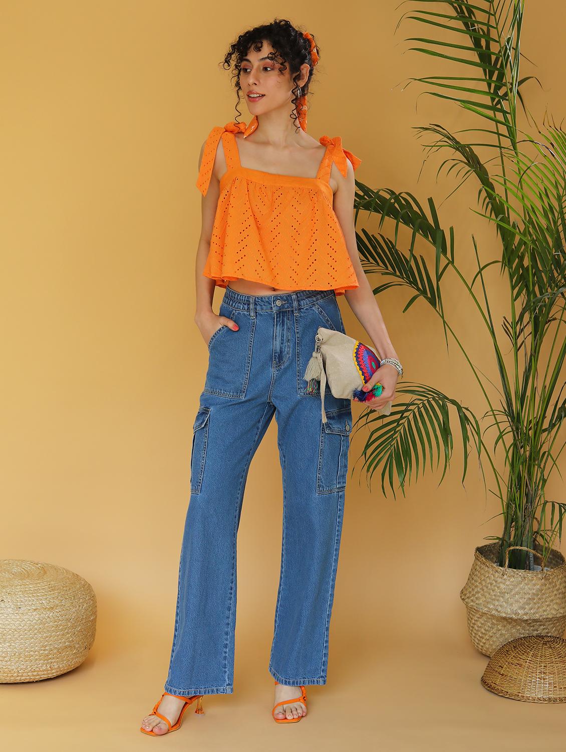women solid schiffli tie up sleeves crop top - 21297290 - Standard Image - 3