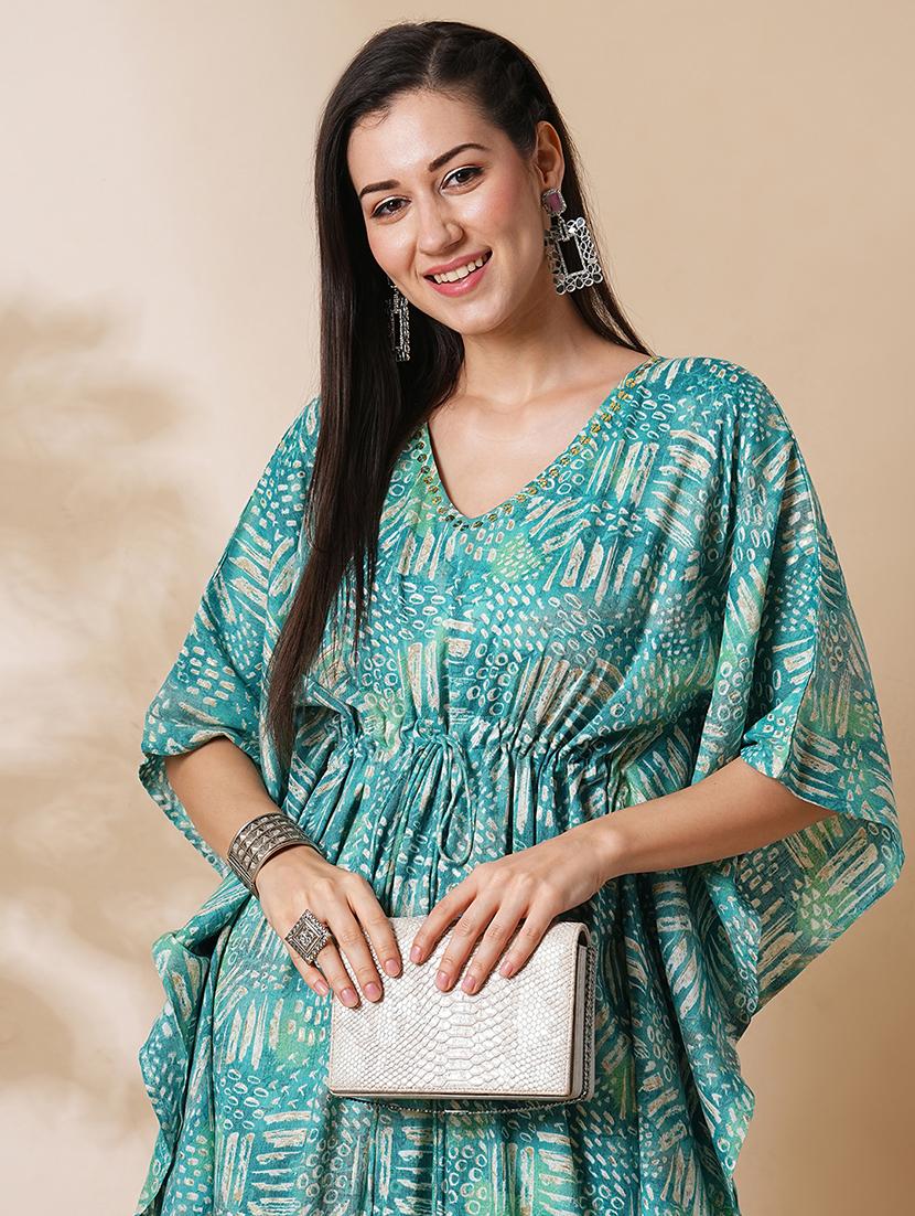 globus women green allover printed & sequinned v-neck tie-up kaftan kurta - 21305298 - Standard Image - 3