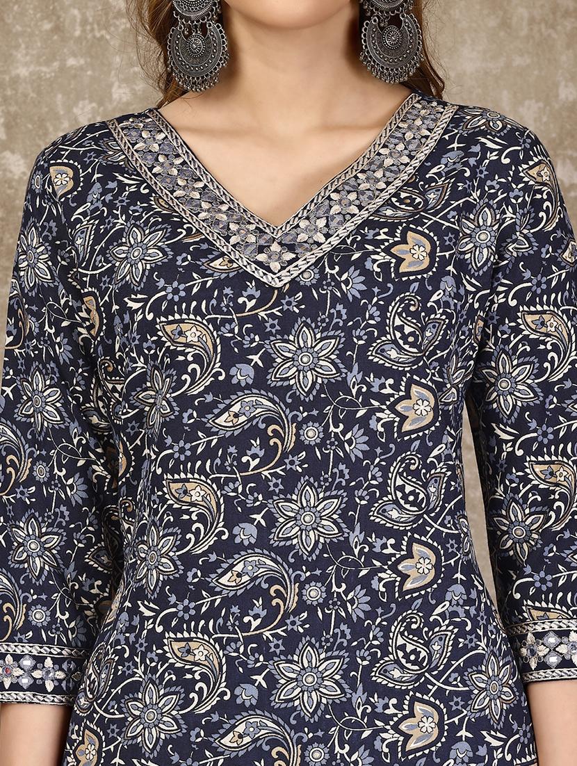 navy blue cotton blend kurta dupatta set - 21308811 - Standard Image - 5