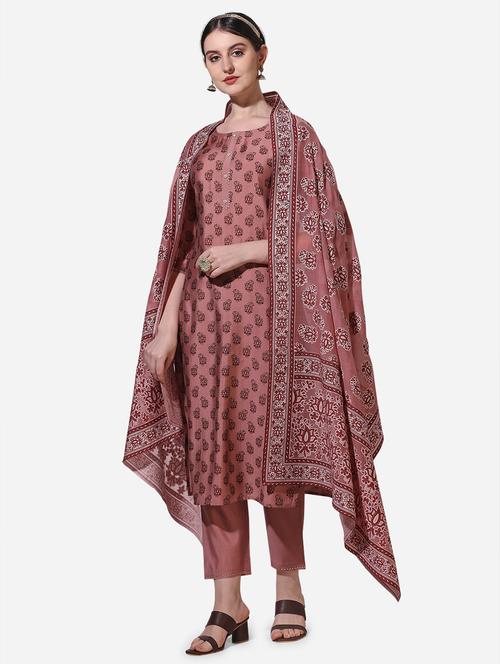 rust chanderi kurta dupatta  set - 21309004 - Very Small Image - 1