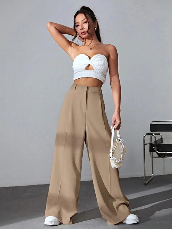 women mid-rise solid wide leg trouser - 21347663 - Standard Image - 5