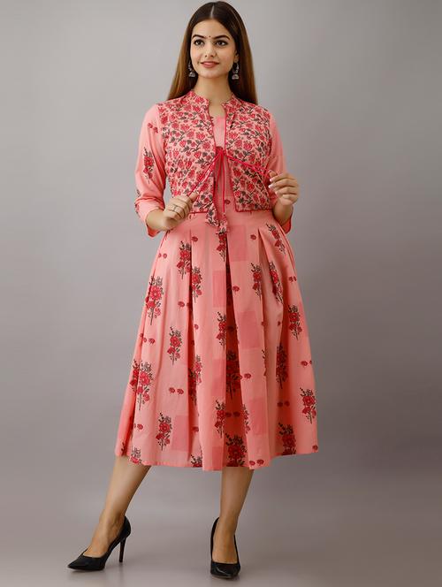 women pink mandarin neck flared dress - 21354730 - Very Small Image - 1