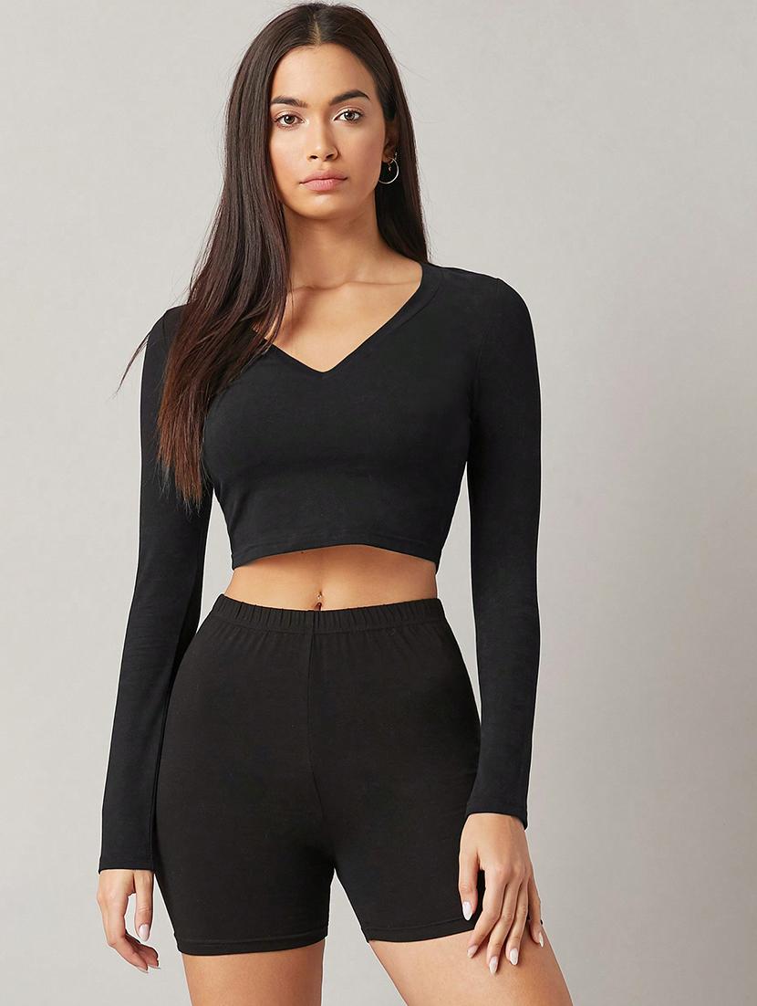 black lycra solid crop top - 21363749 - Zoom Image - 0