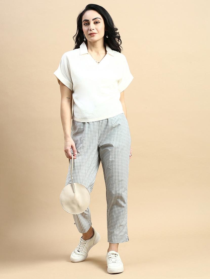 women mid-rise checks chinos trouser - 21364387 - Standard Image - 3