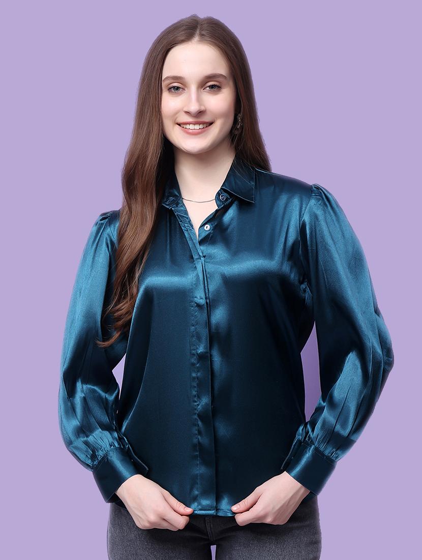 women solid satin shirt