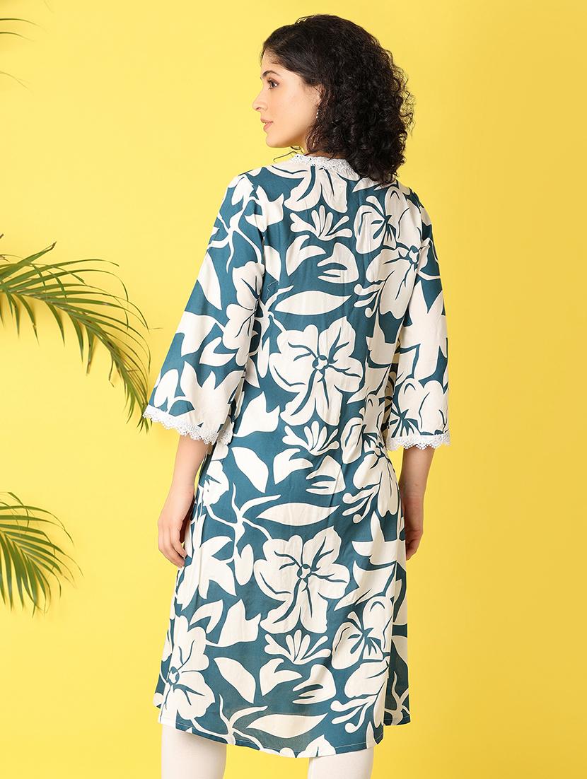 women blue floral printed straight kurta - 21368290 - Zoom Image - 2