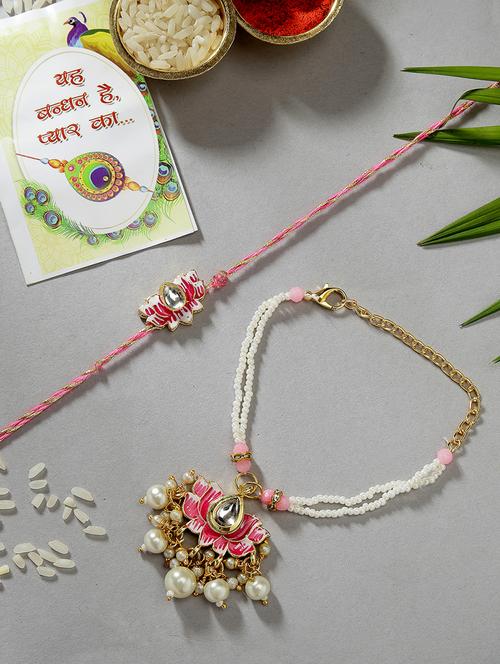 set of 2 stone-studded rakhi set with roli chawal & chocolate - 21370119 - Very Small Image - 1