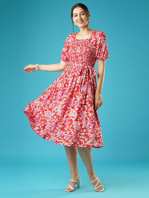 globus women red floral print square neck puff sleeves smocked pleated fit & flare belted midi dress - 21378972 - Very Small Image - 1