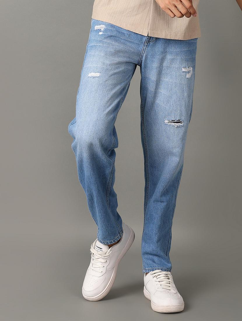 men blue distressed cotton jeans