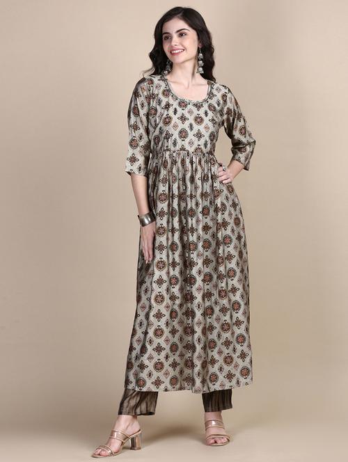 women printed round neck kurta pant set - 21387720 - Very Small Image - 1