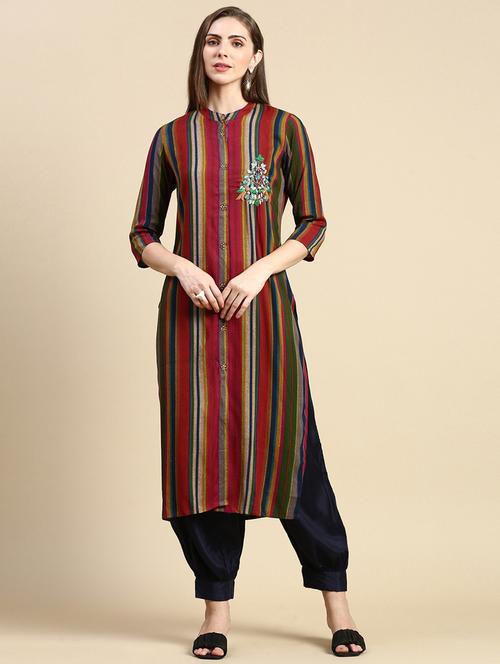 women multi color stripes printed straight kurta - 21387747 - Very Small Image - 1