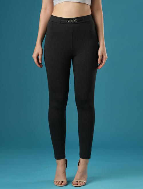 globus women grey melange mid rise stretchable skinny fit workwear treggings - 21393563 - Very Small Image - 1