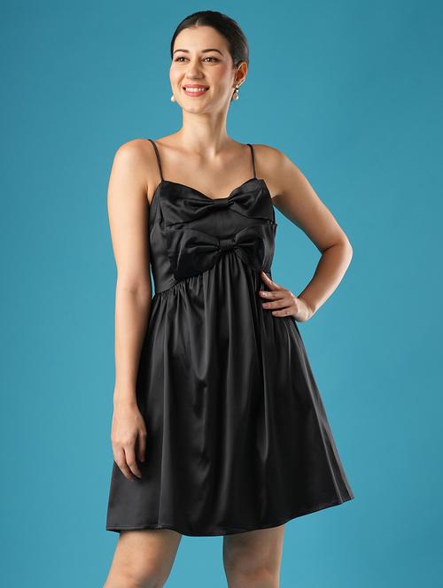 globus women black sweetheart neck shoulder straps bow detail gathered a-line party dress - 21393587 - Very Small Image - 1